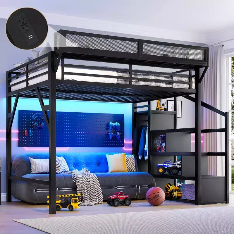Queen Loft Bed with Storage Stairs, Shelves and Built-in Wardrobe, USB Ports, Noise-Reduced Design, Black