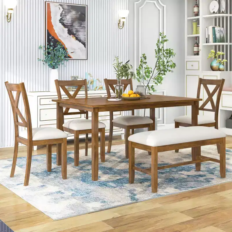 Whisen 6-Piece Wooden Rectangular Kitchen Dining Table Set with 4 Fabric Chairs and Bench