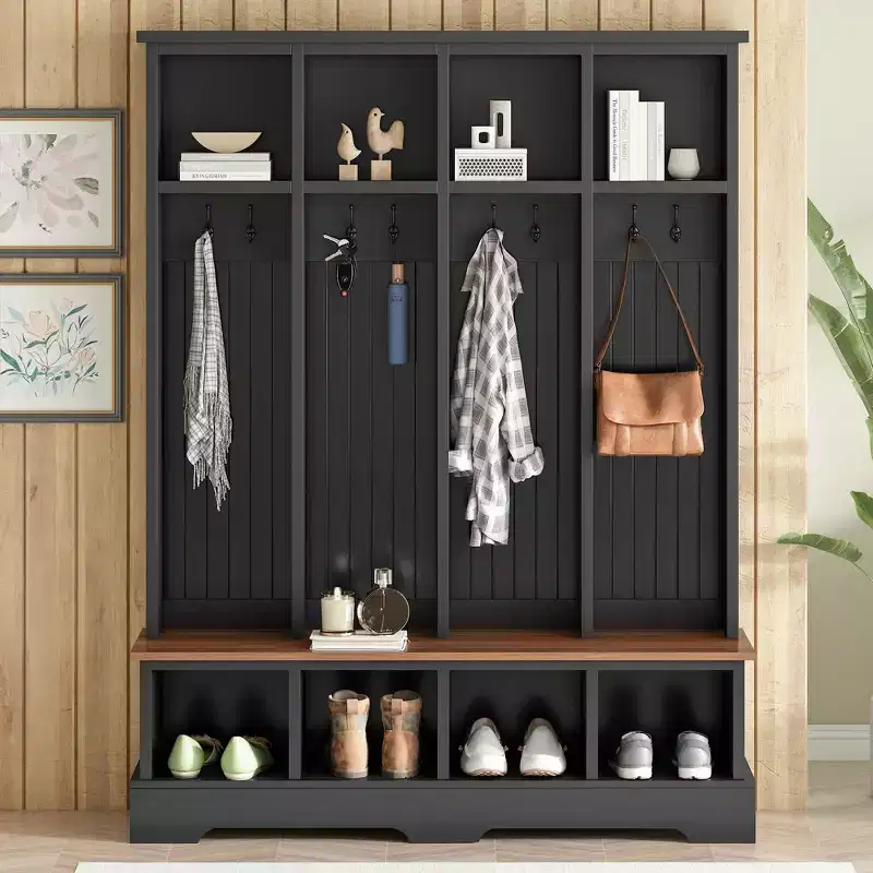 Whisen Farmhouse Hall Tree with 8 Hooks, Entryway Bench with Open Compartments, 3-in-1 Wooden Coat and Shoe Rack