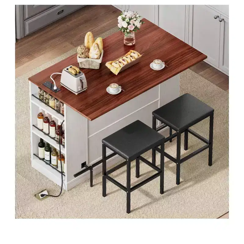 Kitchen Island With Drop Leaf 2 Bar Stools 47 Inch Portable Islands Table With Power Outlets Storage And Seating For Kitchen Cart, Brown