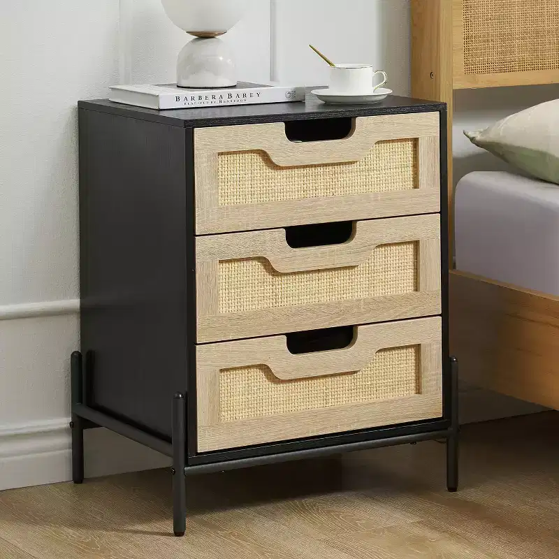 1 Pb Board Iron Foot Rattan Bedside Table | 3 Drawers | Hand-Woven Rattan | Multi-Functional for Bedroom & Living Room