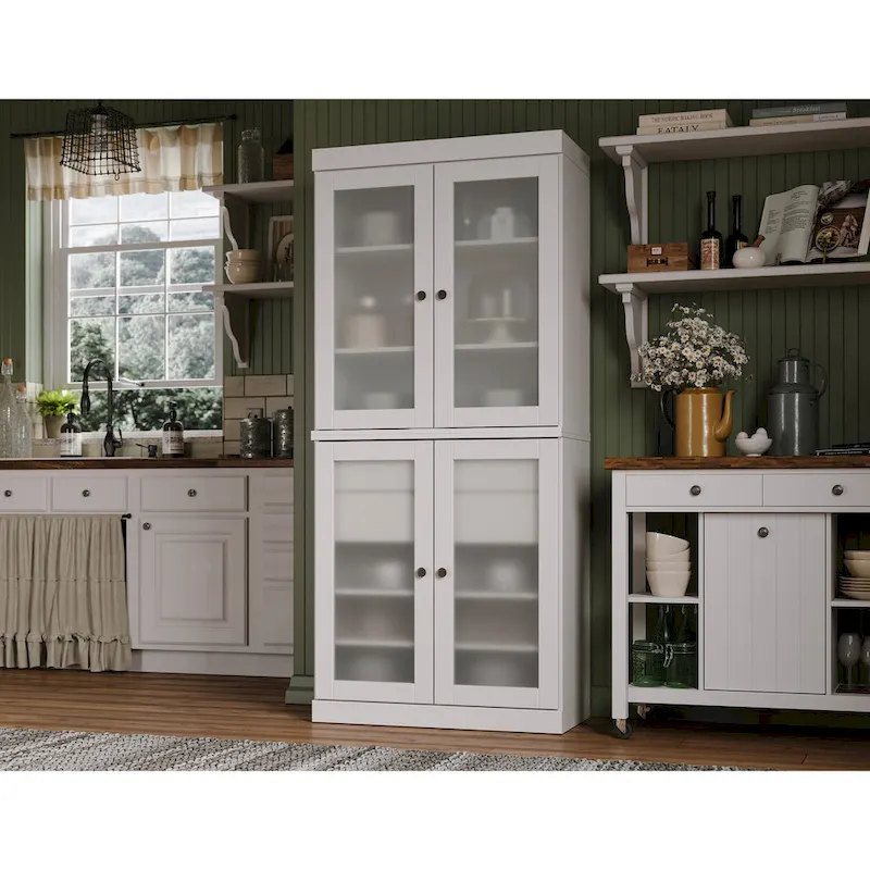 100% Solid Wood Pantry Cabinet with Frosted Glass Doors, 2-Drawers and Adjustable Shelves - 32 x 71.5
