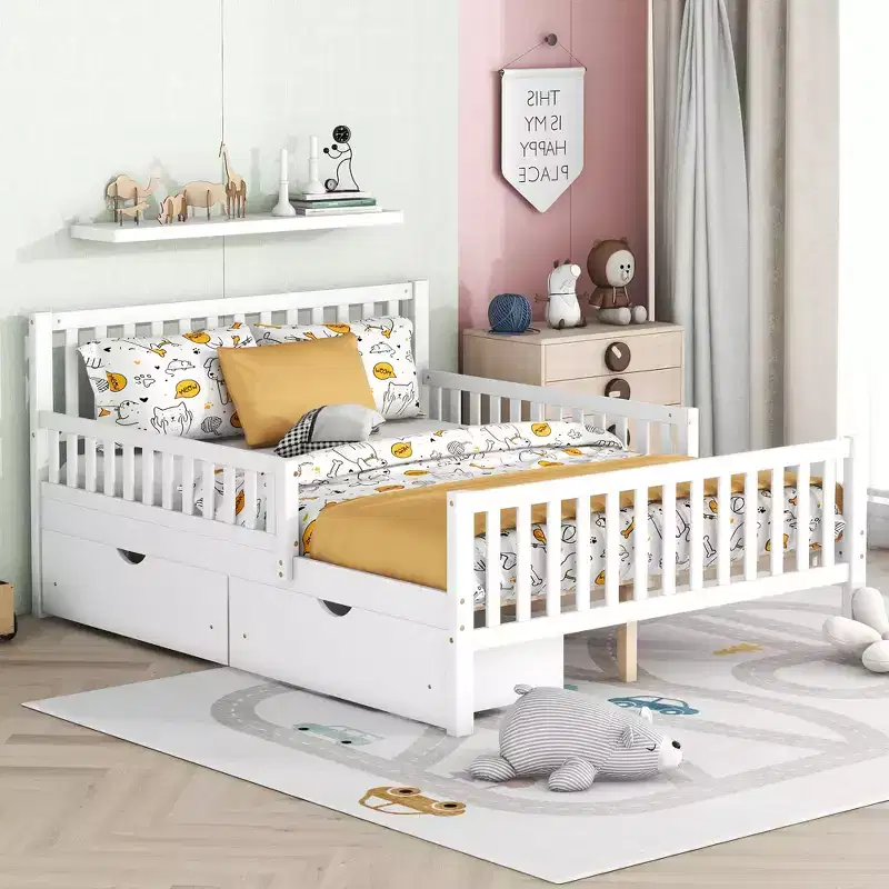Full Wood Platform Bed with Guardrails and 2 Storage Drawers, White