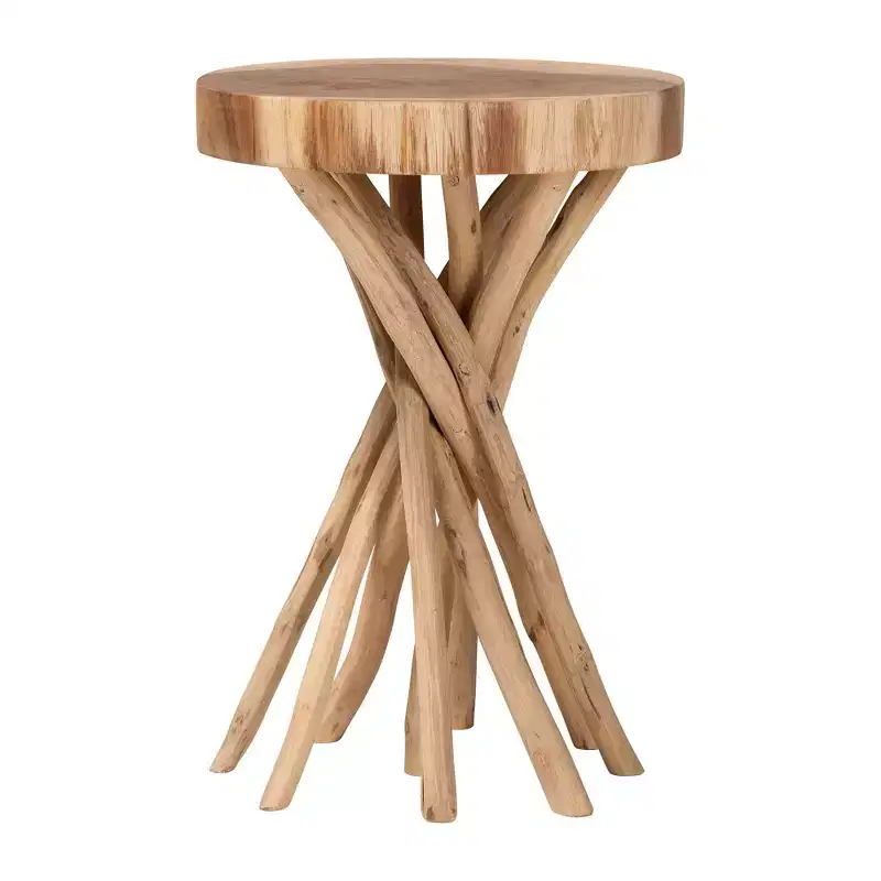 Bohemian Natural Teak Wood End Table with Carved Branch Base, Round Top