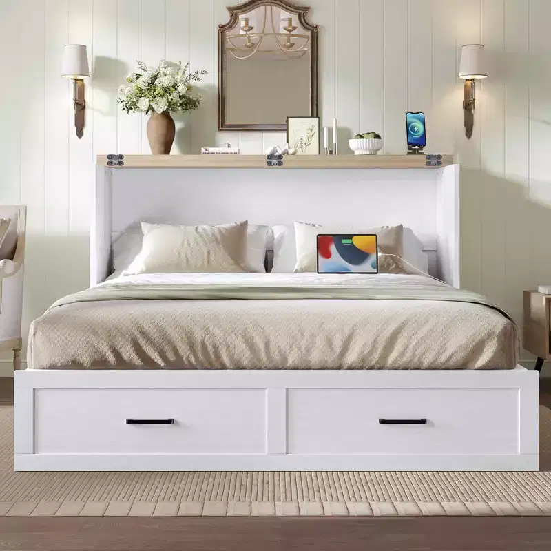 MAYEERTY Queen Size Bed Cabinet with Charging Station Multifunctional Foldable Platform With Storage for Guest Room White