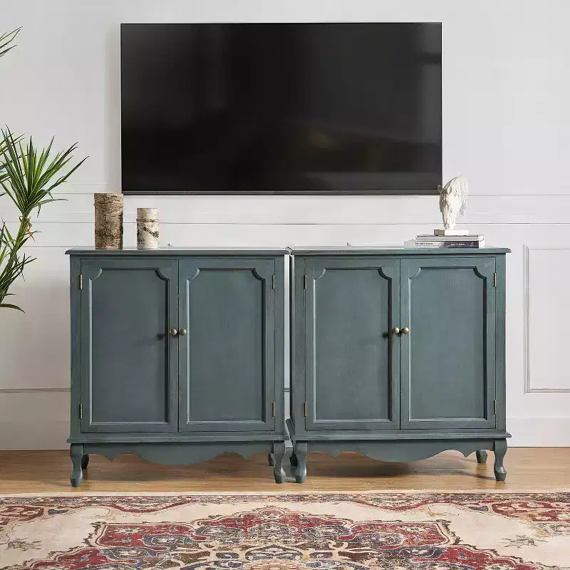 Set of 2 Farmhouse 2-Door Accent Cabinets with Adjustable Legs & Cable Management