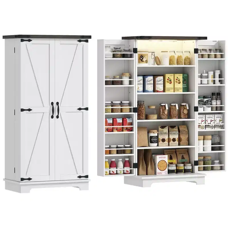 HOMCOM 47 Kitchen Pantry Cabinet with Sensing LED Light, Farmhouse Storage Cabinet with Doors, 2 Adjustable Shelves and 12 Door Shelves, White