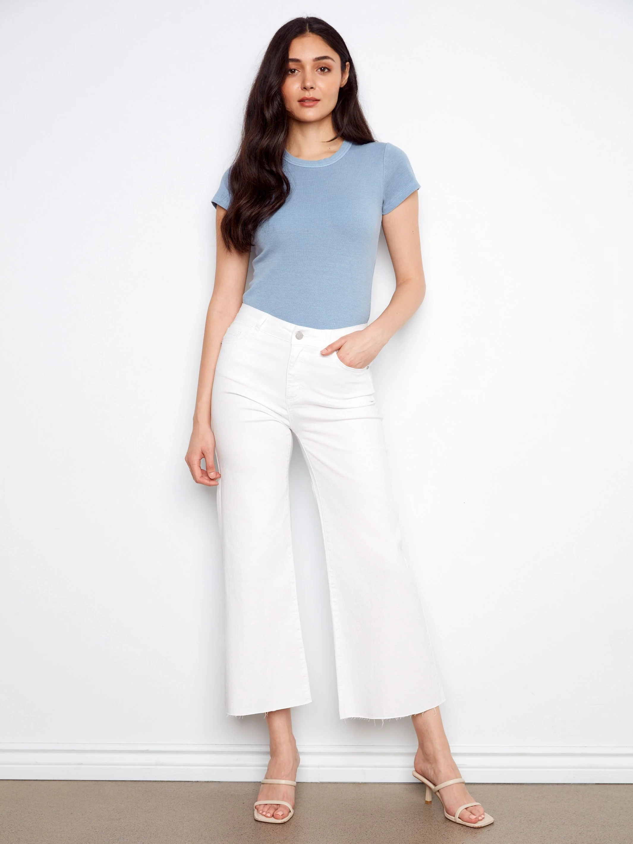 Cropped Flare Twill Pants With Raw Hem - White