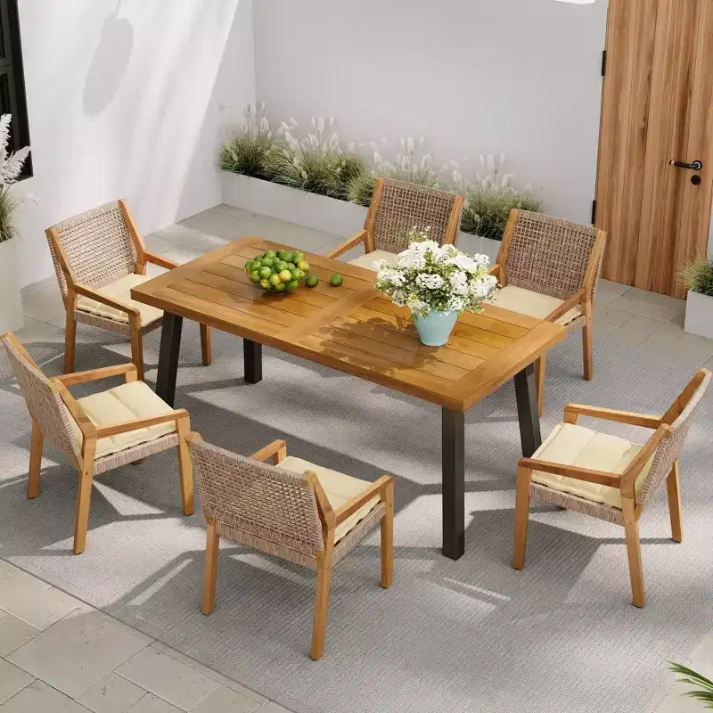 NAYSAYE Patio Dining Sets Outdoor Acacia Wood Table with Wicker Chairs and Cushions for Garden Patio Deck, Teak, 23.5*21.25*32