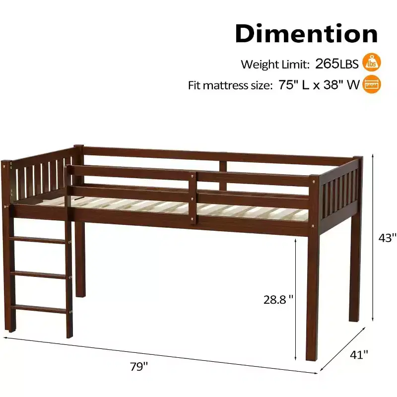 JOYMOR Low Loft Bed Twin Size with Stairs, Wooden Loft Bed for Kids, Pine Wood Twin Bed Frame,No Box Spring Needed, Espresso