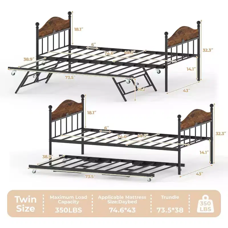 Metal Twin Size Day Bed, Daybed With Trundle, With Stylish Headboard, Sofa BedFrame, for Living Room, Bedroom and Guest Room