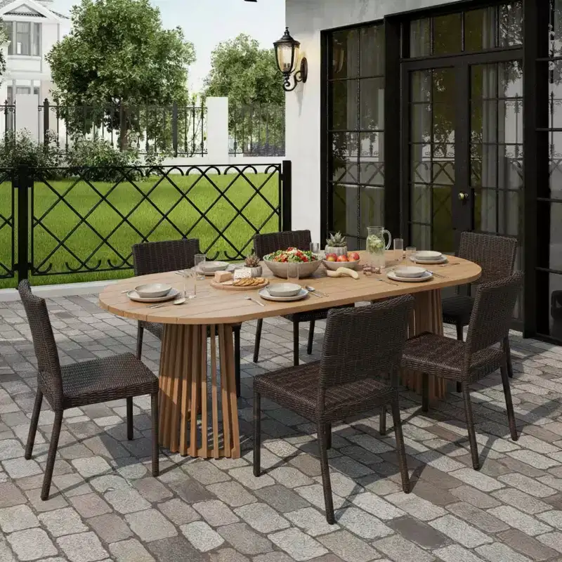 Christopher Knight Home Bobby 7 Piece Farmhouse Patio Acacia Wood Rattan Dining Set