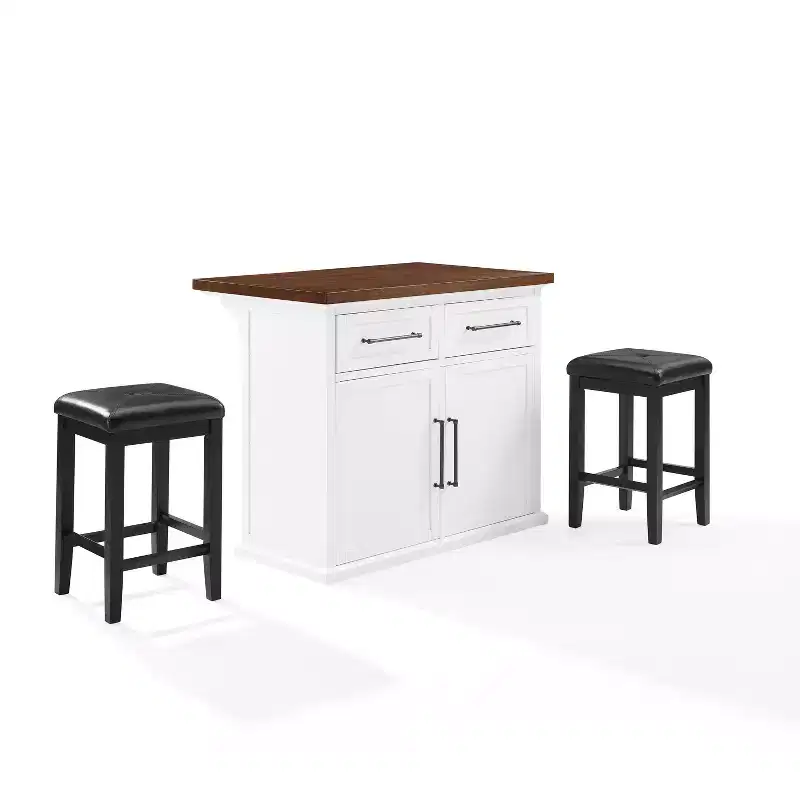 Crosley 42" Bartlett Wood Top Kitchen Island with Upholstered Square Stools White/Black: Shiplap Design, Adjustable Shelves