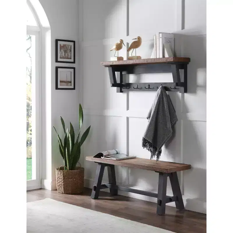 42 Odin Solid Wood Hook with Storage Shelf and Bench Set Black - Alaterre Furniture: Rustic Industrial Design, Pine Frame