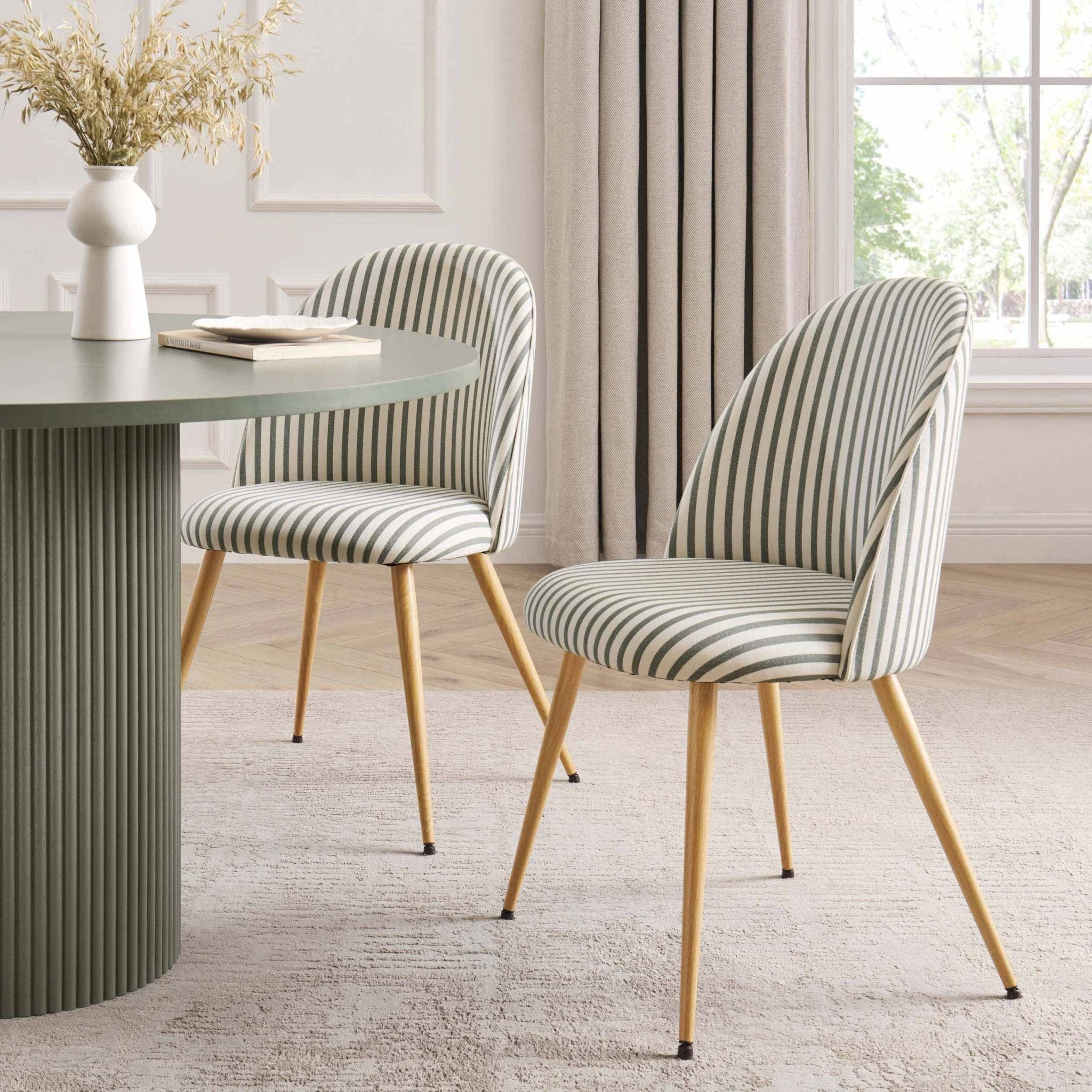 Boho Sage Stripe Woven Dining Chair with Black Metal Legs for Dining Room