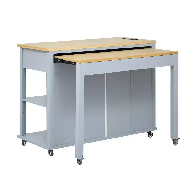 47 Kitchen Island with Extendable Dining Table Rubber Wood Veneer Kitchen Table with Storage Rack & Power Outlet & 2 Drawers 2 Cabinet Blue