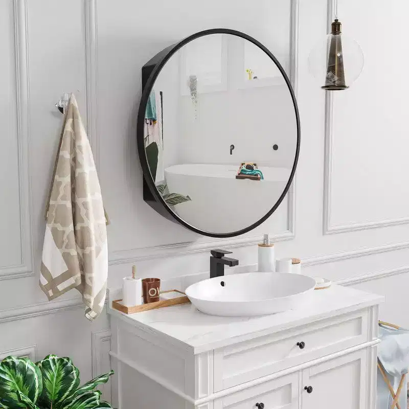PexFix 24 in Round Black Medicine Cabinet with Mirror Surface Mount Metal Frame Bathroom Cabinet Wall Mounted Vanity Mirror Detachable Shelves