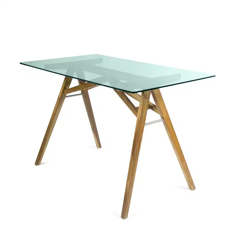 GDFStudio Aviary Mid-Century Modern Glass Top Acacia Wood Desk, Natural/Green