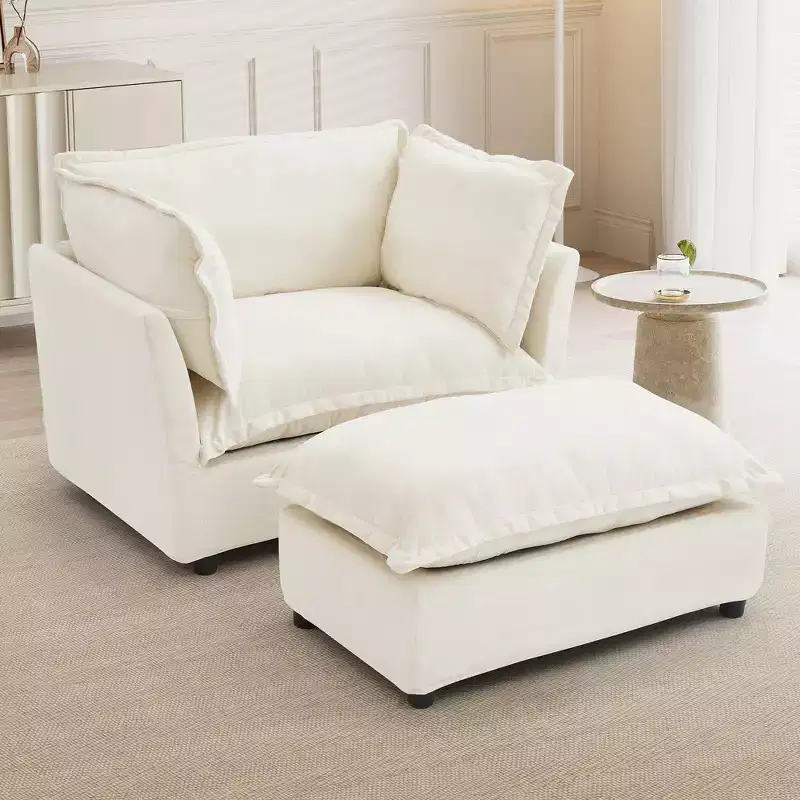 Chenille Armchair with Movable Ottoman, Wide Seat, Curved Armrests & Soft Pillows