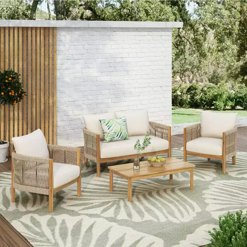 Christopher Knight Home Gillian 4 Pieces Patio Rope Weaving Acacia Wood Seating Set