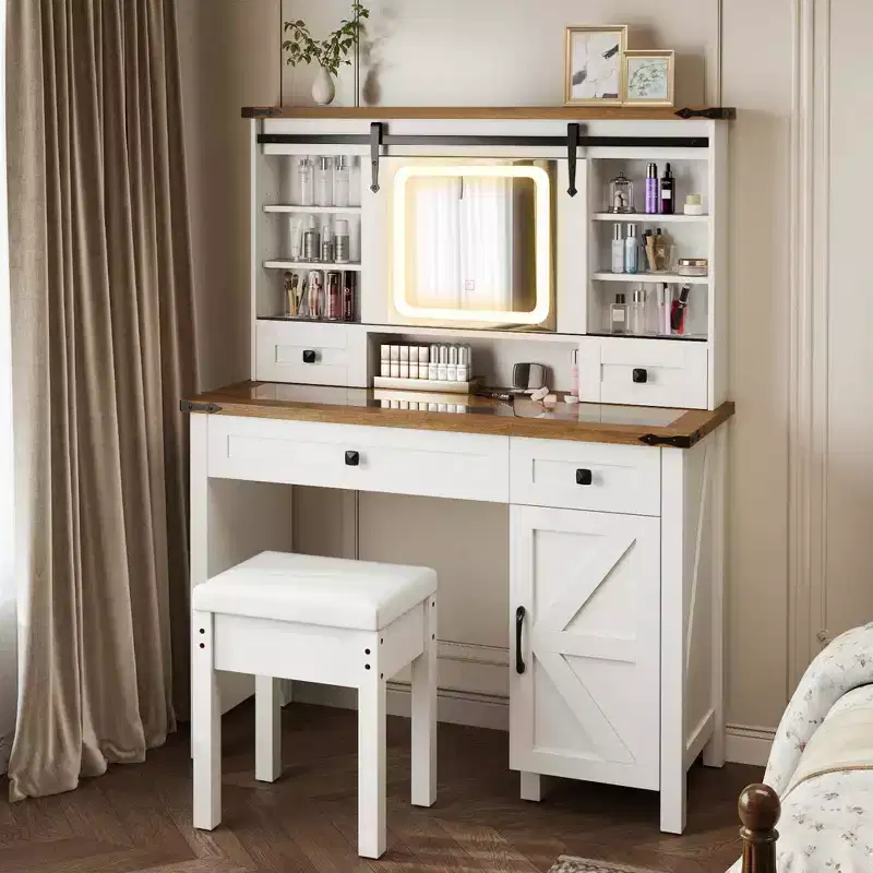 Farmhouse Vanity Desk with Sliding Mirror & 3 Lighting Modes