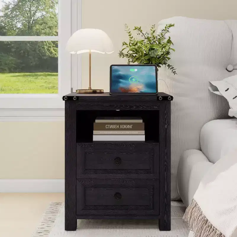 Dyonery Farmhouse Nightstand with Charging Station 18 Rustic End Table