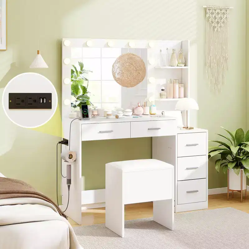 Costway 43.5 Makeup Table Set Vanity Desk with Storage Stool Power Outlets 2 Open Shelves