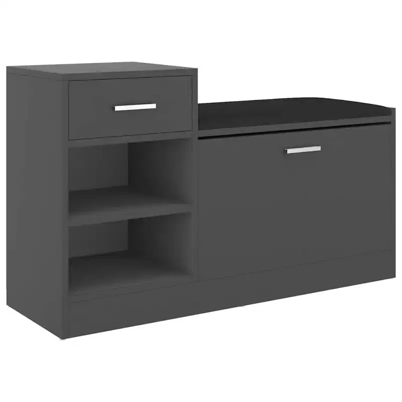 Grey Engineered Wood Shoe Storage Bench with Faux Leather Cushion Seat
