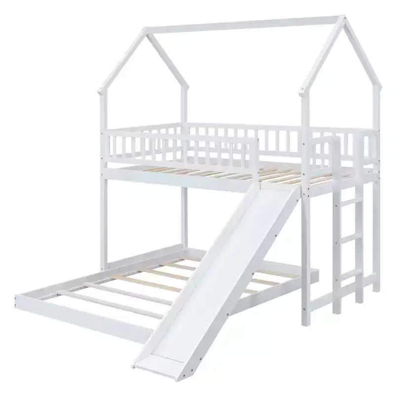 Whisen House Roof Design Twin over Full House Bunk Bed with Slide and Built-in Ladder