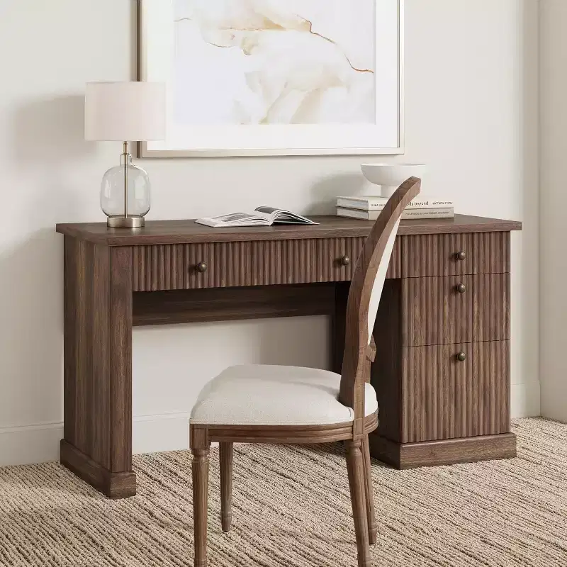 54'' Modern Executive Desk with Storage Cabinet and Drawer C Brown Fluted Computer Writing Desk for Home Office, Study, Living Room