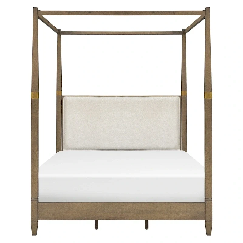Queen Canopy Bed Frame, Solid Wood, Upholstered Headboard, Gold Metal Cuffs, Slat Foundation, 86.75W x 63.25D x 80H in