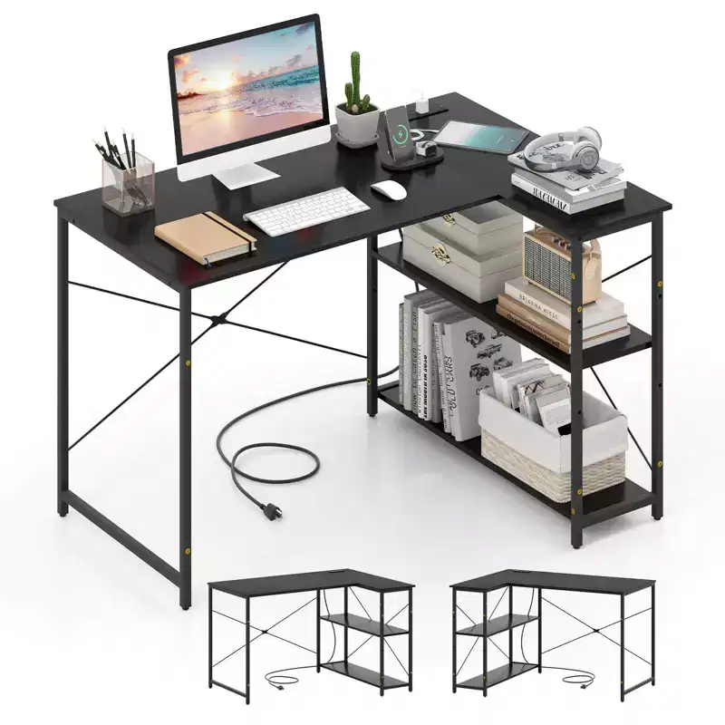 Costway L-Shaped Computer Desk with Power Outlets Adjustable shelf Heavy-Duty Metal Frame Brown/White/Black