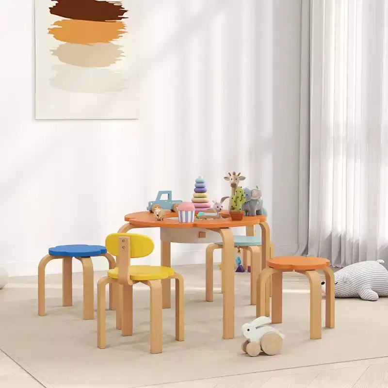Qaba 5 Piece Kids Table and Chairs Set, Flower-Shaped Toddler Table and Chair Set with Built-in Storage, for Drawing Reading Art Craft Activity