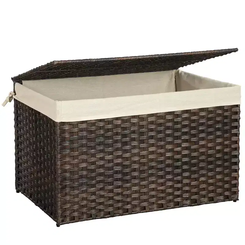 Storage Basket with Lid, 42.3 Gallon (160L) Storage Bin, Woven Blanket Storage Basket with Handles, Foldable, Removable Liner, Metal Frame