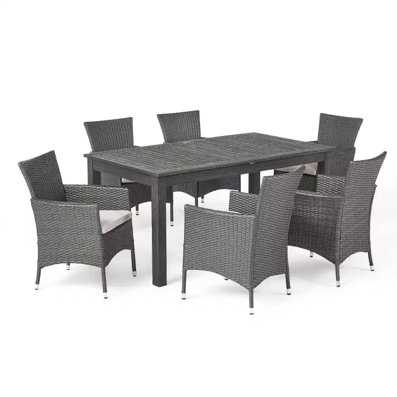 GDFStudio Aloha Outdoor Acacia Wood and Wicker 7 Piece Expandable Dining Set
