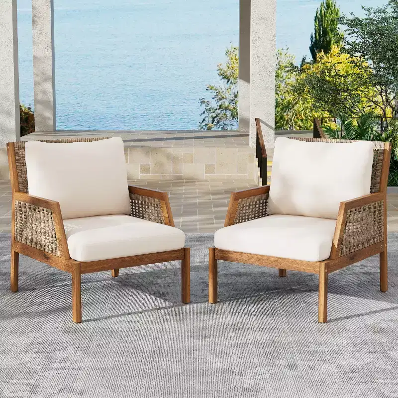 Christopher Knight Home Grania Patio Rattan and Acacia Wood Club Chair with Cushion, Brown/Cream