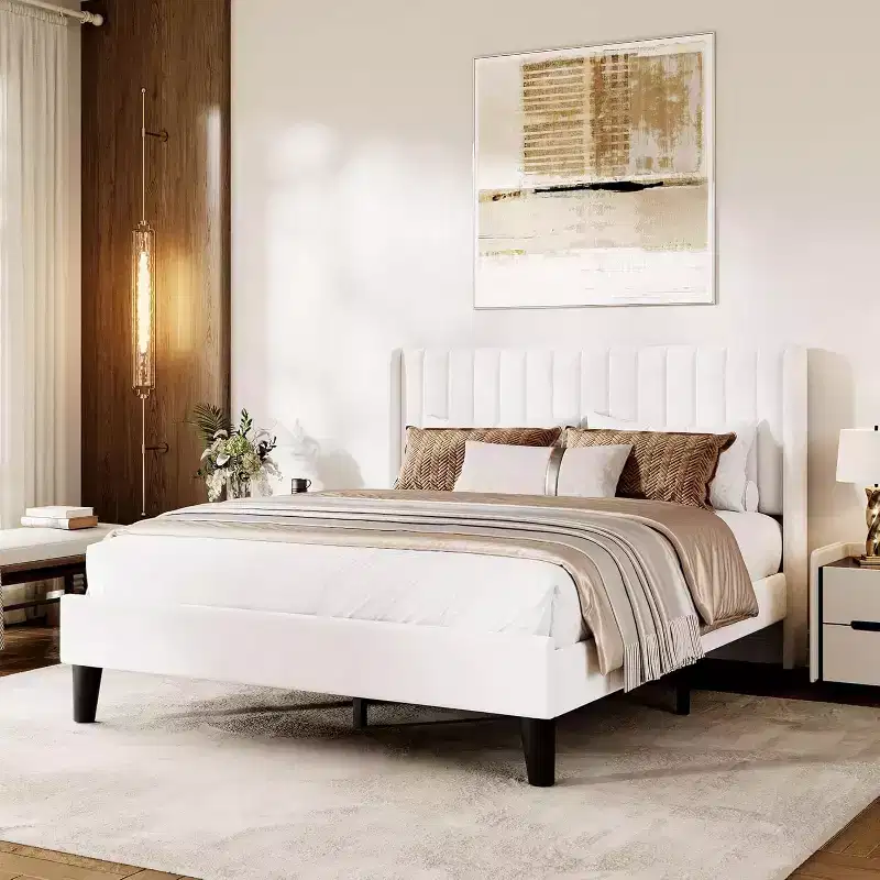 Velvet Wingback Platform Bed Frame with Wood Slats, No Box Spring Needed, Easy Assembly