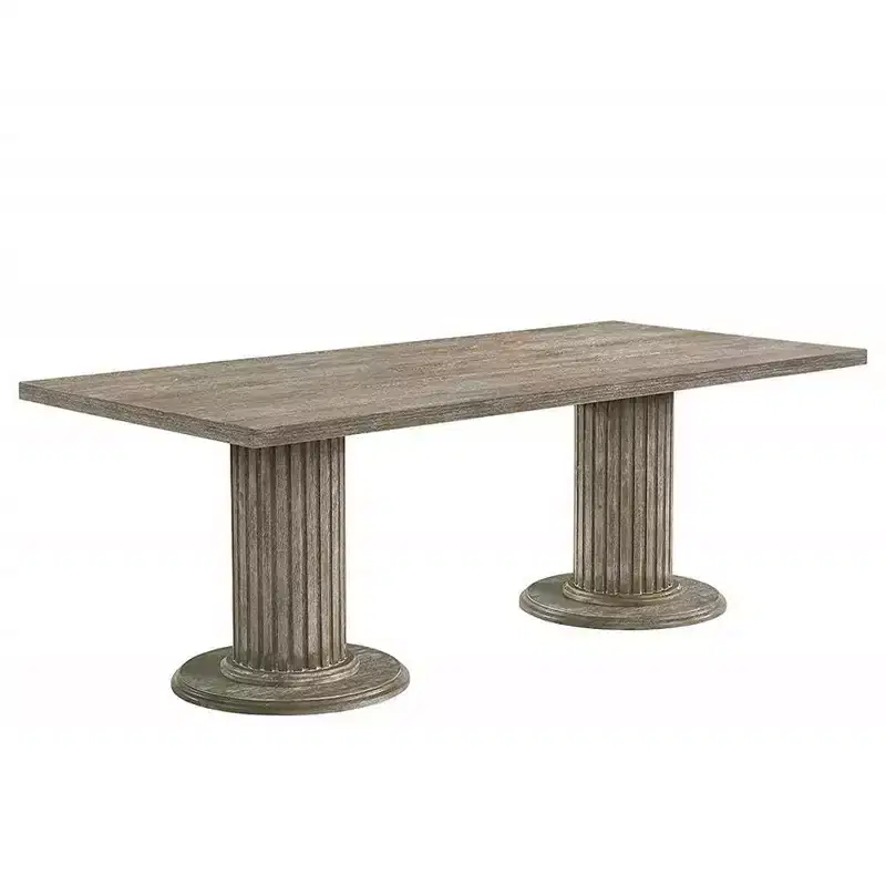 84" Gabrian Dining Table Reclaimed Finish: Double Pedestal, 8 Seats - Acme Furniture