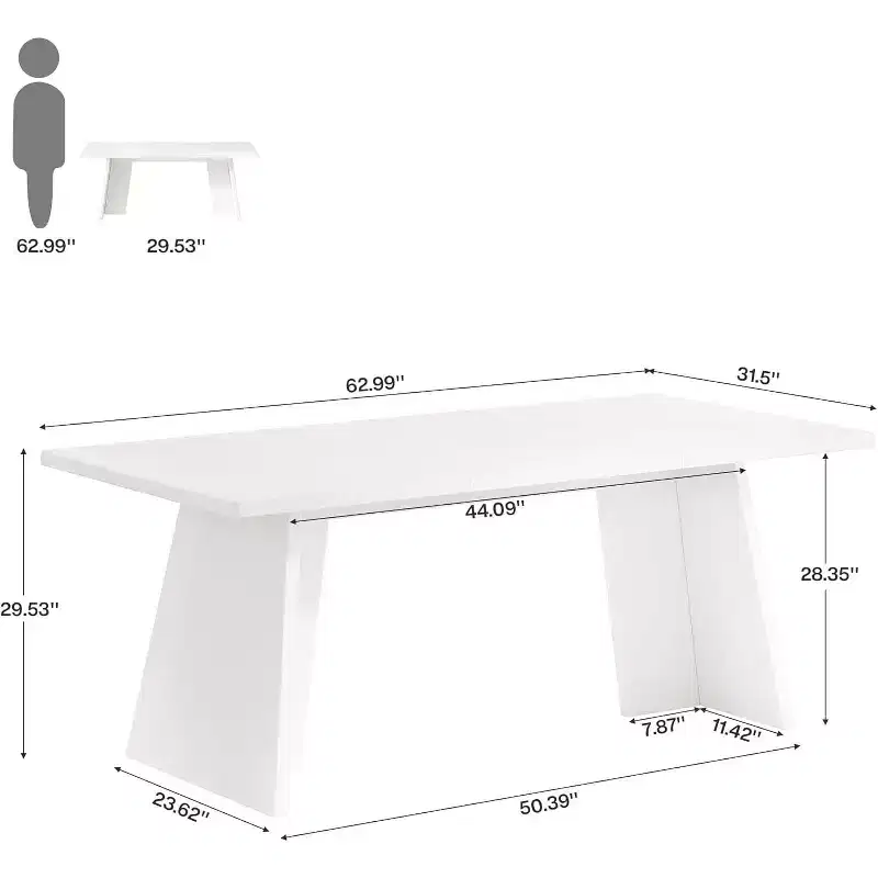 Lantine 63-Inch White Dining Table, Modern Kitchen Table with Glossy Tabletop and Double Robust Pedestal for 4-6 People, Dining Room