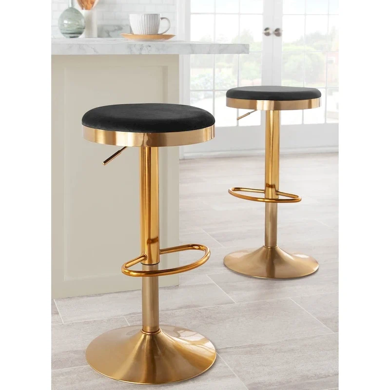 Set of 2 Counter Bar Stools | Gold Steel Frame | White Faux Leather | Adjustable Height