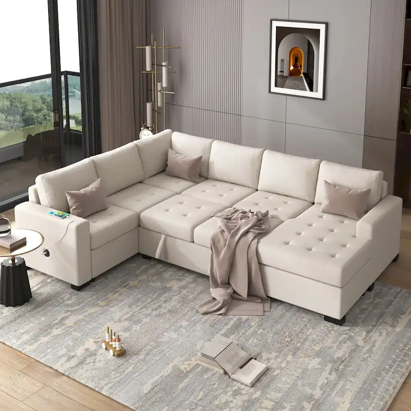 Sectional Sleeper Sofa with Pull-out Bed and Lounge Chair, USB and Type-C Interfaces