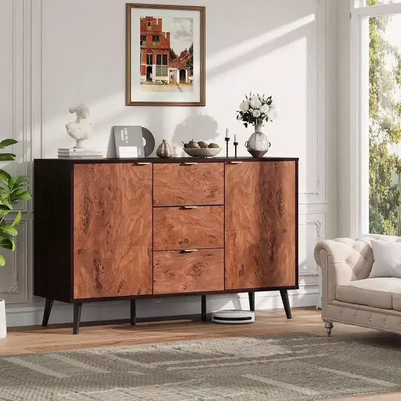 51.2 Farmhouse Sideboard Buffet Cabinet with 3 Drawers, Burl Texture, and Open Shelves, Walnut Finish