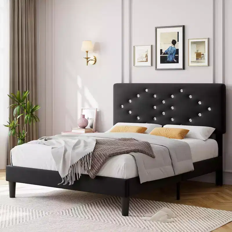 Velvet Upholstered Platform Bed Frame with Channel Tufted Headboard & Wood Slats