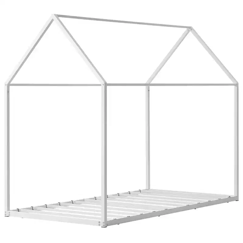 Twin Size House Bed Frame, Metal Kids Floor Bed Frame with Roof, Heavy Duty Steel Slats Support, House Shape Bedframe, White