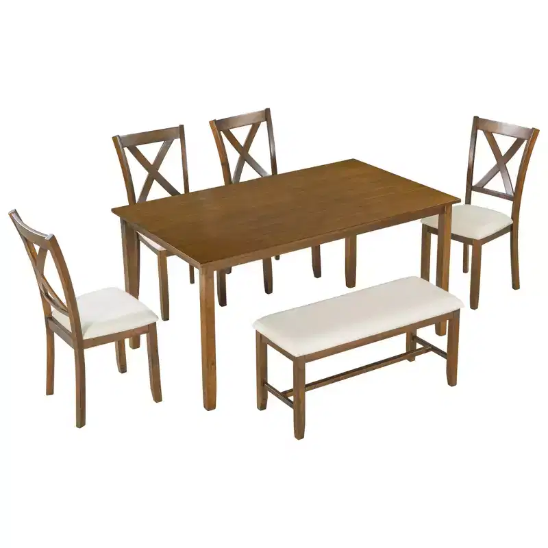 Whisen 6-Piece Wooden Rectangular Kitchen Dining Table Set with 4 Fabric Chairs and Bench