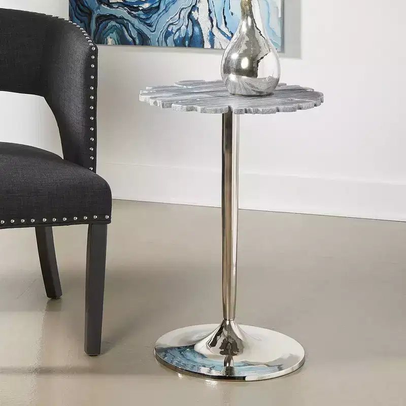 Coast to Coast Accents Polly Modern Cast Aluminum Round Accent Table 18 Silver Gray Lacey Pattern Stone Marble Tabletop for Living Room Bedroom House