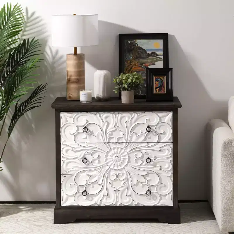 Heynemo Vintage 3 Drawer Dresser, Accent Storage Cabinet with 3 Drawers, Farmhouse Nightstand with Gourd Legs, for Bedroom, Living Room