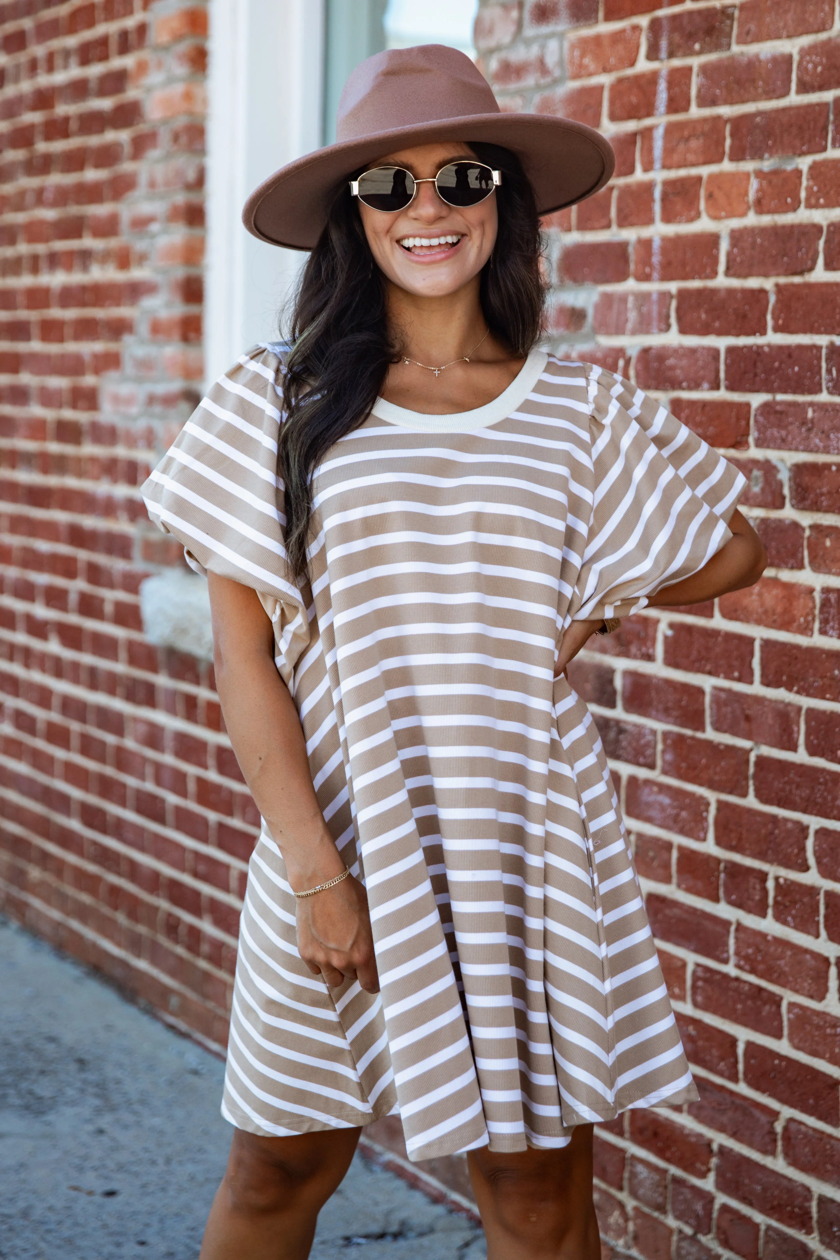 Striped Puff Sleeve Knit Mini Dress