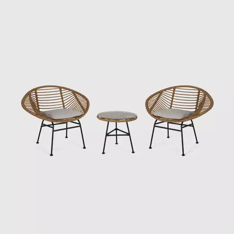 Meridian 3pc Faux Wicker Chat Set Light Brown: Christopher Knight Home, Steel Frame, Weather-Resistant