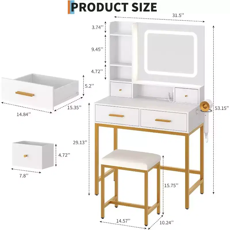 Vanity Desk with Mirror, 3-Color LED Lights, 4 Drawers, 2 Shelves, Charging Station, White Makeup Table for Bedroom or Dressing Room